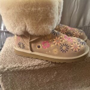 UGG Women’s  Tan Boots with Pink and Yellow Floral Design